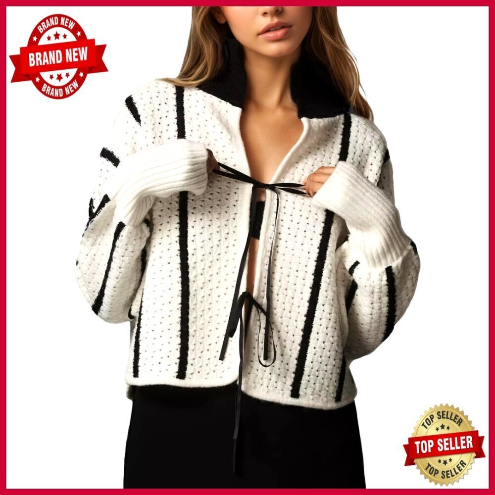 Cropped Cardigan Sweater Tie Front Striped Long Sleeve Crochet Top